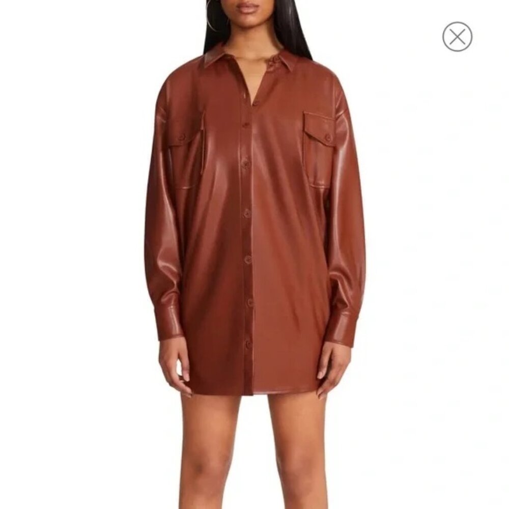 NWOT BB Dakota Steve Madden Brown Leather Button Up Shirt Dress Size S Small